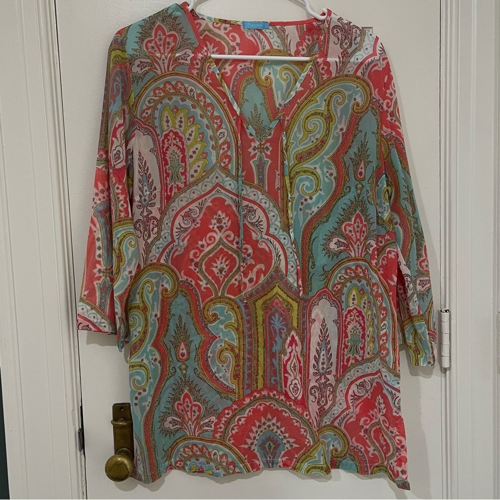 J. McLaughlin Cotton Paisley Tunic Coral Olive Teal Large Like New